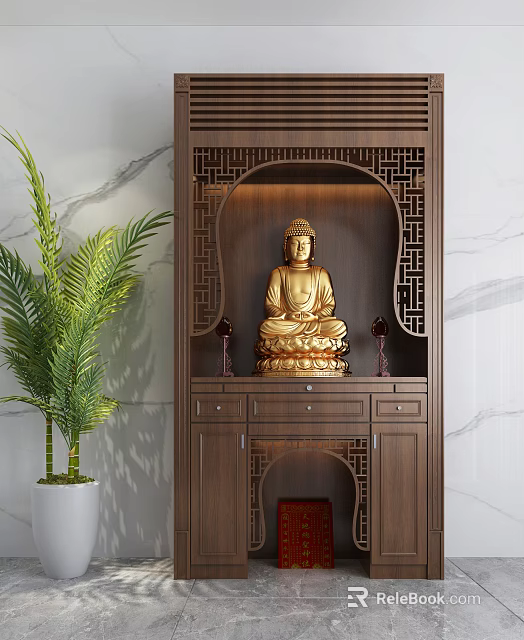 Wooden Buddhist Shrine Cabinet With Golden Buddha Statue Chinese Style Design And Green Plant 3d model 