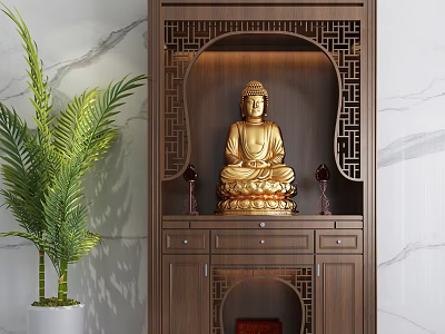 Wooden Buddhist Shrine Cabinet With Golden Buddha Statue Chinese Style Design And Green Plant 3d model
