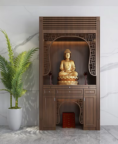 Wooden Buddhist Shrine Cabinet With Golden Buddha Statue Chinese Style Design And Green Plant 3d model