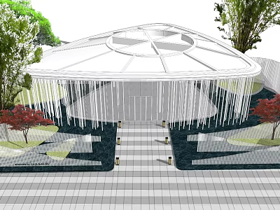 Modern Architectural Entrance Gate With White Canopy Design Surrounded by Trees and Greenery 3d model