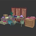 Vintage Daily Life Supplies Including Screens Fan Table Stool Trunks Books And Drawer Cabinet