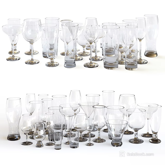 Assorted Transparent Glass Tableware Set Including Goblets Wine Glasses And Tumblers 3d model 