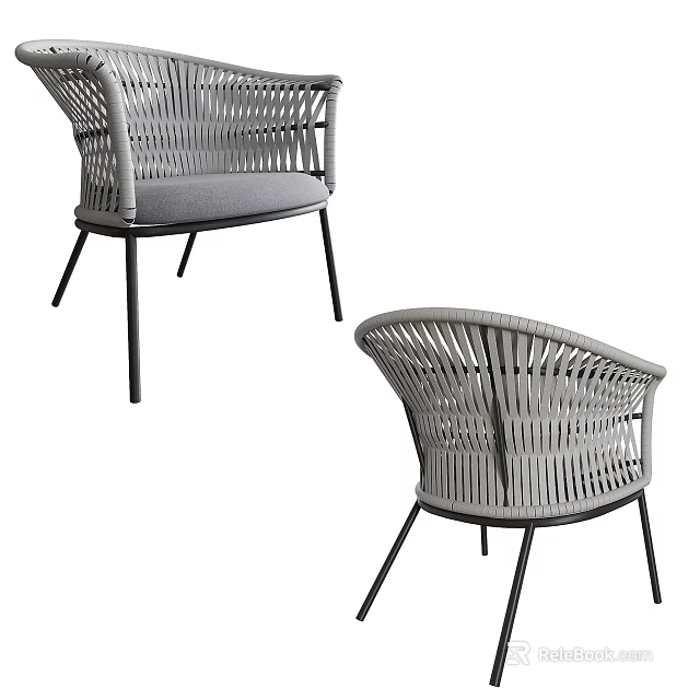 Modern Woven Leisure Chair With Curved Backrest Gray Cushion And Metal Legs Design 3d model 