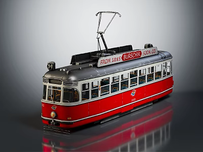Vintage Red And Gray Tram With Overhead Wires Classic Body Design And Windows 3d model