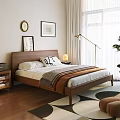 Cozy Bedroom Double Bed With Wooden Headboard White Pillows Wall Art And Table Lamp