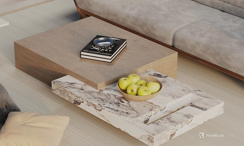Wooden Marble Coffee Table with Black Book and Green Apples Bowl in Modern Living Room 3d model 