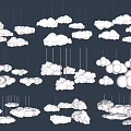 Multiple Decorative White Cloud Shaped Chandeliers Hanging From Dark Ceiling 3d model