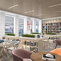 Modern Book Art Interior Design With Colorful Bookshelves Tables Green Plants And Tablets