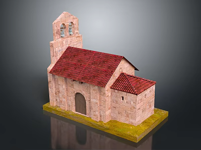 Church Model With Red Roof Bell Tower Arched Door Stone Brick And Yellow Base 3d model
