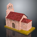 Church Model With Red Roof Bell Tower Arched Door Stone Brick And Yellow Base