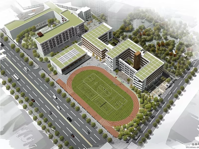 Modern School Campus Buildings With Green Roofs Sports Field And Surrounding Trees 3d model