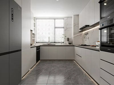 Modern Kitchen Interior With Gray And White Cabinets Large Window And Appliances 3d model