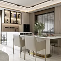 Modern Dining and Living Room With Gray Sofa Red Accent Chair Wooden Cabinets And Natural Light