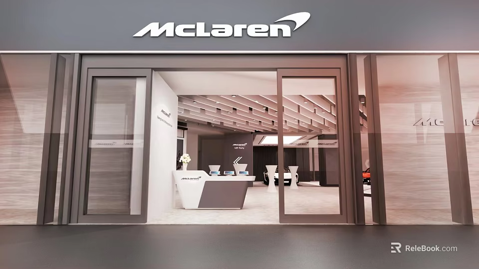 McLaren Showroom With Glass Doors Exterior And Interior Reception Desk Car 3d model 
