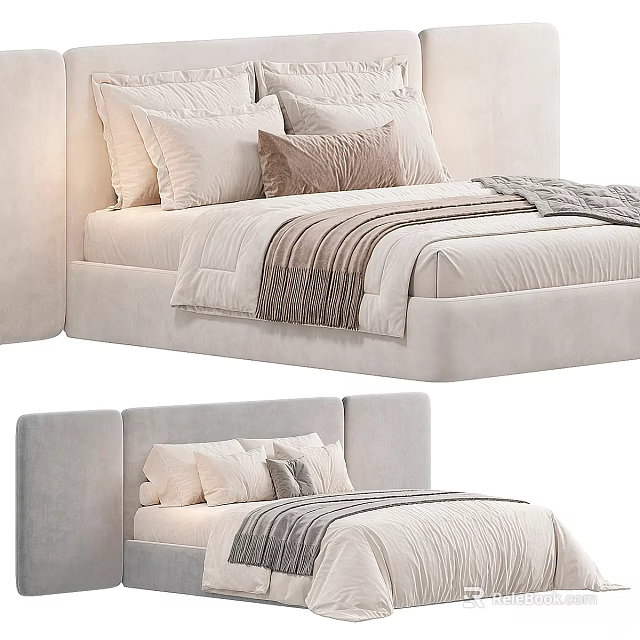 Modern Bed With Upholstered Headboard Multiple Pillows And Light Toned Textured Bedding 3d model 