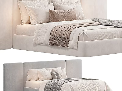 Modern Bed With Upholstered Headboard Multiple Pillows And Light Toned Textured Bedding 3d model