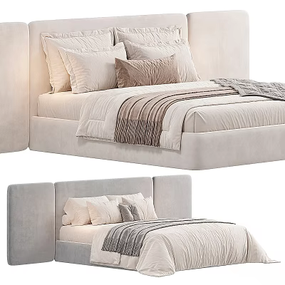 Modern Bed With Upholstered Headboard Multiple Pillows And Light Toned Textured Bedding 3d model