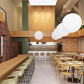 Modern Restaurant Interior With Wooden Bar Large Windows And White Lanterns 3d model