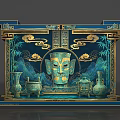 Traditional Chinese Style Photo Spot With Blue Gold Decorations Cloud Patterns Bamboo And Mask