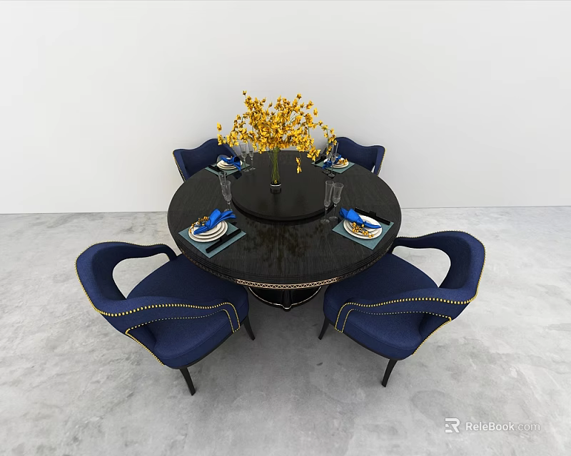 Modern Round Dining Table Set With Navy Blue Chairs Golden Rivets And Yellow Flowers 3d model 
