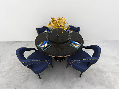 Modern Round Dining Table Set With Navy Blue Chairs Golden Rivets And Yellow Flowers 3d model