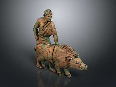 Detailed Ancient Sculpture of Man Supporting Large Standing Boar Figure 3d model