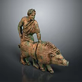 Detailed Ancient Sculpture of Man Supporting Large Standing Boar Figure