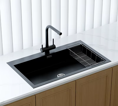 Black Kitchen Sink with Metal Drainer Rack and Faucet on White Countertop with Wooden Cabinets 3d model