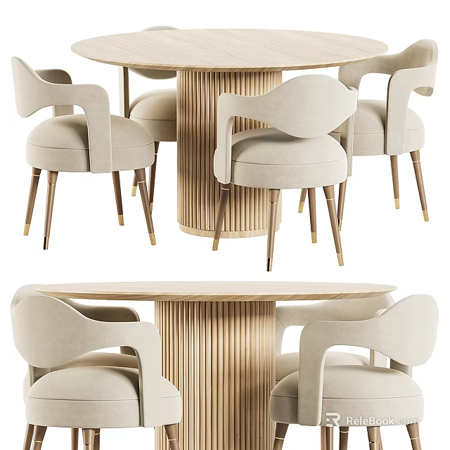 Elegant Modern Dining Set With Fluted Wood Table Beige Upholstered Chairs And Gold Legs 3d model 