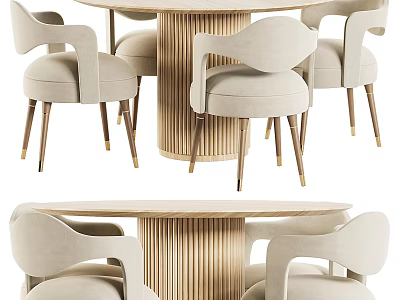 Elegant Modern Dining Set With Fluted Wood Table Beige Upholstered Chairs And Gold Legs 3d model