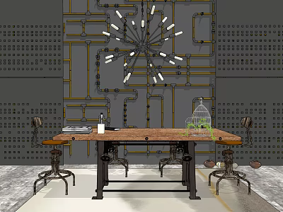Industrial Wooden Desk With Black Metal Legs Vintage Chairs Modern Chandelier And Pipe Wall Design 3d model