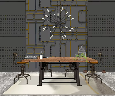 Industrial Wooden Desk With Black Metal Legs Vintage Chairs Modern Chandelier And Pipe Wall Design 3d model