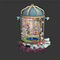 Two Animated Characters In Decorative Cage Structure With Green Grass And Red Ribbons