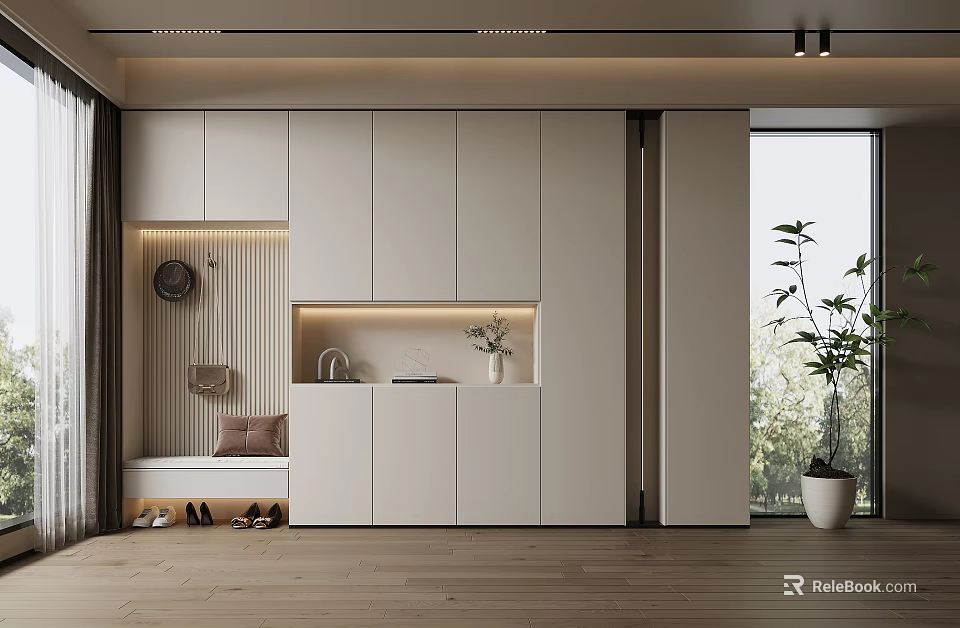Modern Entryway Cabinet And Side Cabinet With White Storage Lighting Bench And Potted Plant 3d model 
