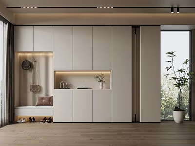 Modern Entryway Cabinet And Side Cabinet With White Storage Lighting Bench And Potted Plant 3d model