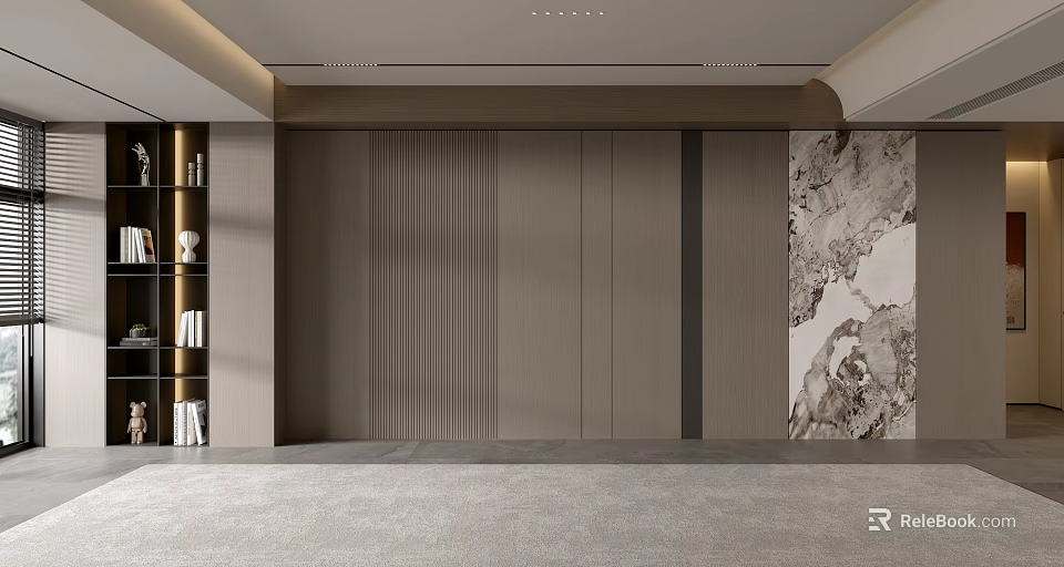 Modern Minimalist Sofa Background Wall With Vertical Stripes Side Bookshelf Cabinet And Marble Decorative Art 3d model 