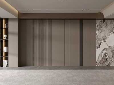 Modern Minimalist Sofa Background Wall With Vertical Stripes Side Bookshelf Cabinet And Marble Decorative Art 3d model