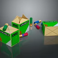 Green And Yellow MAXAM Ammunition Boxes With Various Colored Bullets Scattered Around 3d model