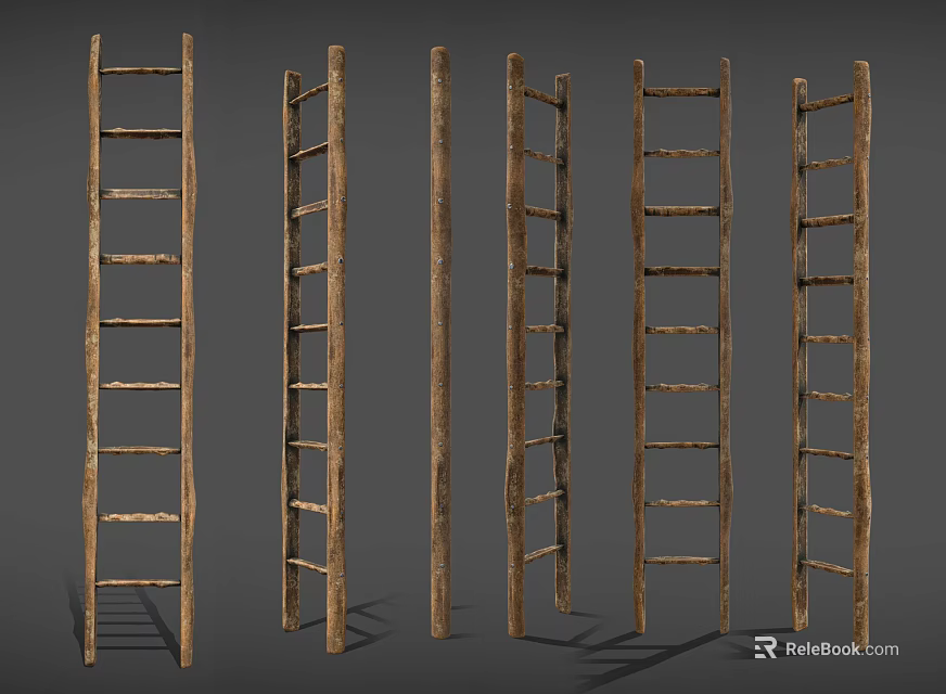 Wooden Ladders With Rustic Design And Natural Wood Structure 3d model 