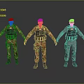 Three Military Characters With Red Berets Different Camouflage Uniforms And Tactical Gear Standing Poses