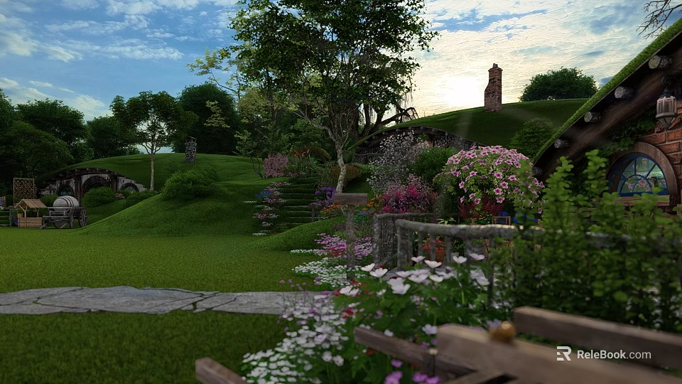 Enchanted Pastoral Landscape Featuring Hobbit Style House Colorful Flowers Green Grass And Wooden Fence 3d model 