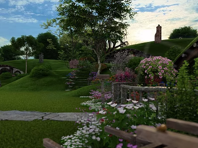 Enchanted Pastoral Landscape Featuring Hobbit Style House Colorful Flowers Green Grass And Wooden Fence 3d model