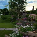 Enchanted Pastoral Landscape Featuring Hobbit Style House Colorful Flowers Green Grass And Wooden Fence