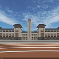 Modern School Building with Clock Tower Twin Towers Spacious Square and Blue Sky White Clouds