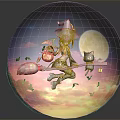 Witch Flying On Broom With Black Cat And Halloween Pumpkin Under Full Moon Night Sky