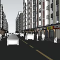 Vibrant Commercial Street In Urban Area With Tall Buildings Shops Pedestrians And Cars