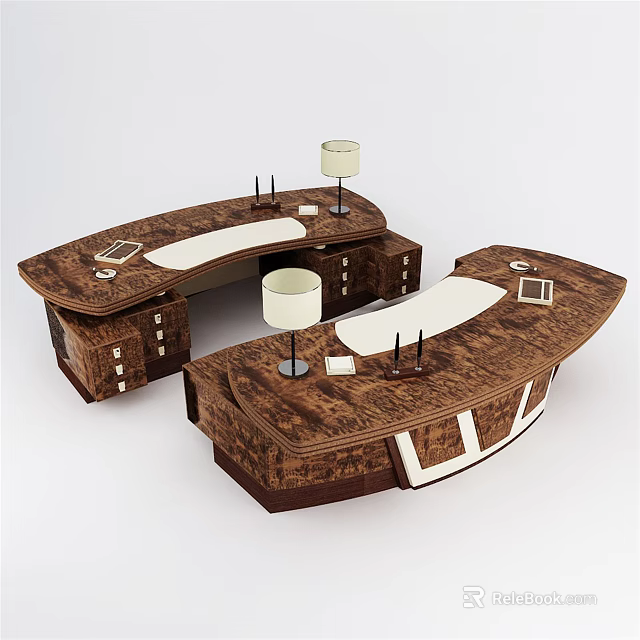 Modern Wooden Office Desk With Drawers Lamp And Desktop Accessories 3d model 