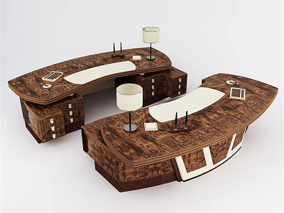 Modern Wooden Office Desk With Drawers Lamp And Desktop Accessories 3d model