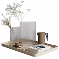 Minimalist Decorative Ornament Set With Transparent Vase White Flowers Tray Brown Cylindrical Jar And Books