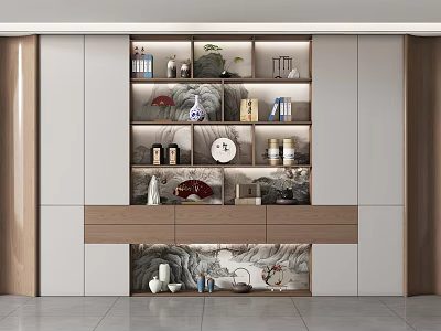 Elegant Modern Tea Cabinet With Multiple Shelves And Decorative Tea Sets 3d model